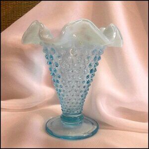 1940s Vintage Fenton Blue Hobnail Opalescent Art Glass Vase